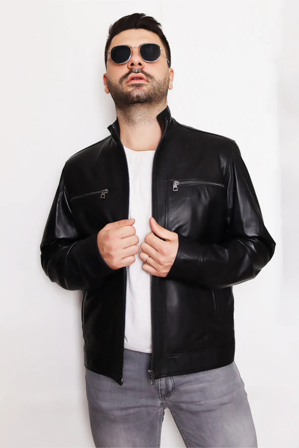 Erkek Siyah Fermuarlı Hakiki Deri Ceket - 4