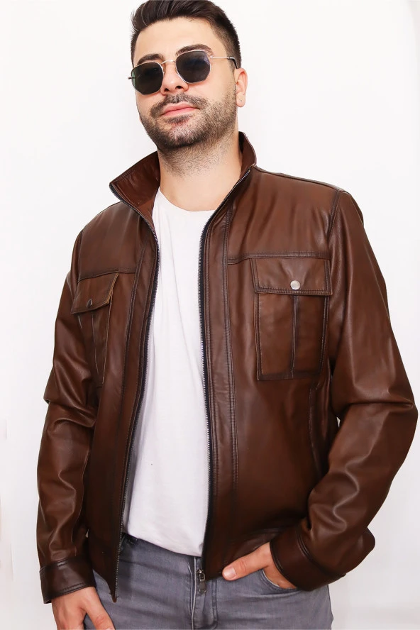 Erkek Kahverengi Fermuarlı Hakiki Deri Ceket - 4
