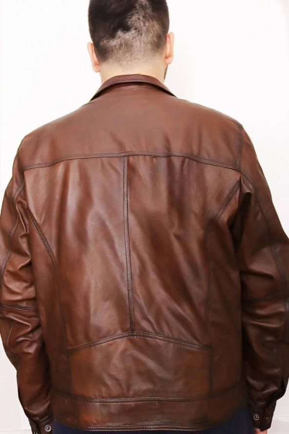 Erkek Kahverengi Fermuarlı Hakiki Deri Ceket - 5