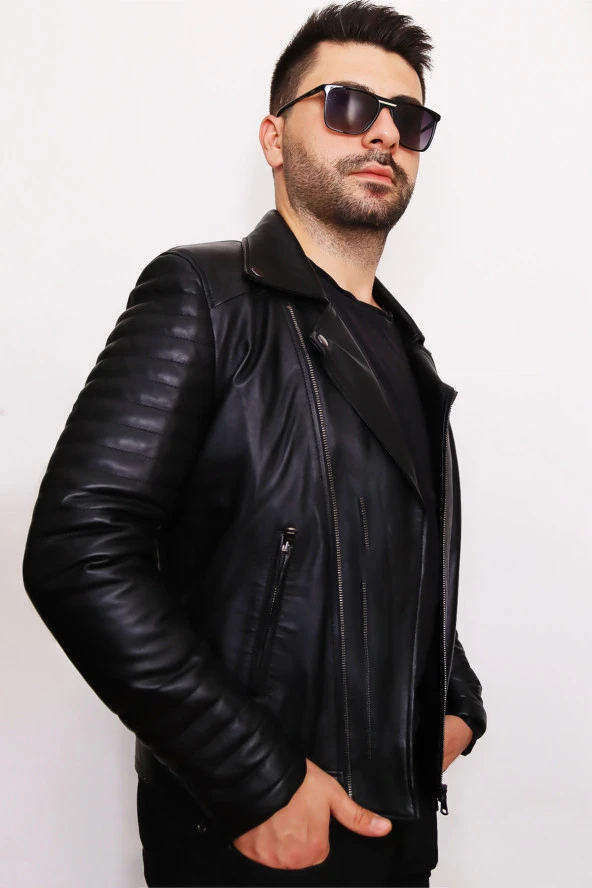 Erkek Siyah Fermuarlı Hakiki Deri Ceket - 4