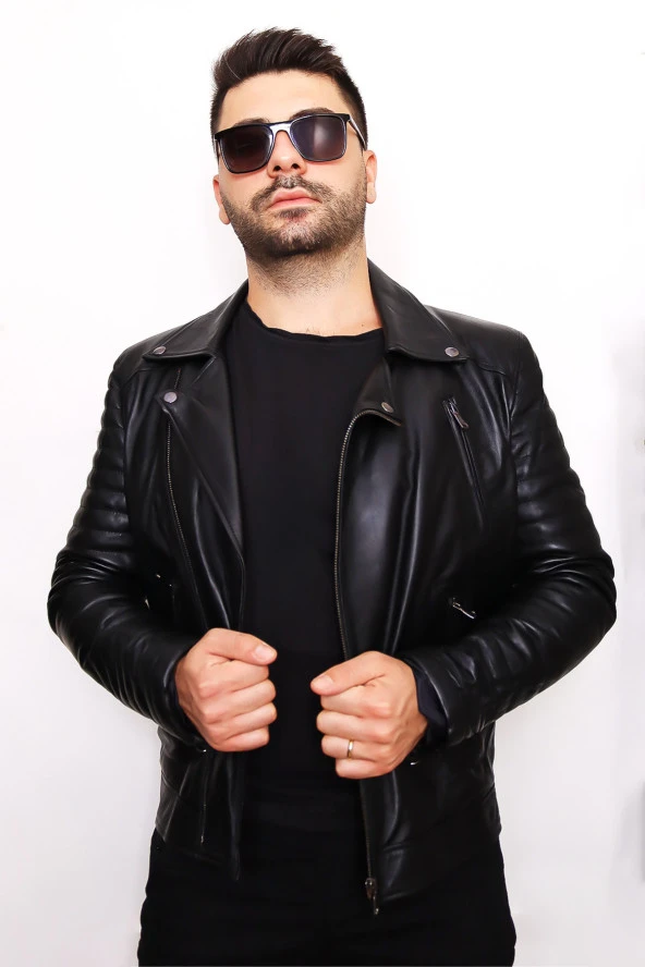 Erkek Siyah Fermuarlı Hakiki Deri Ceket - 5