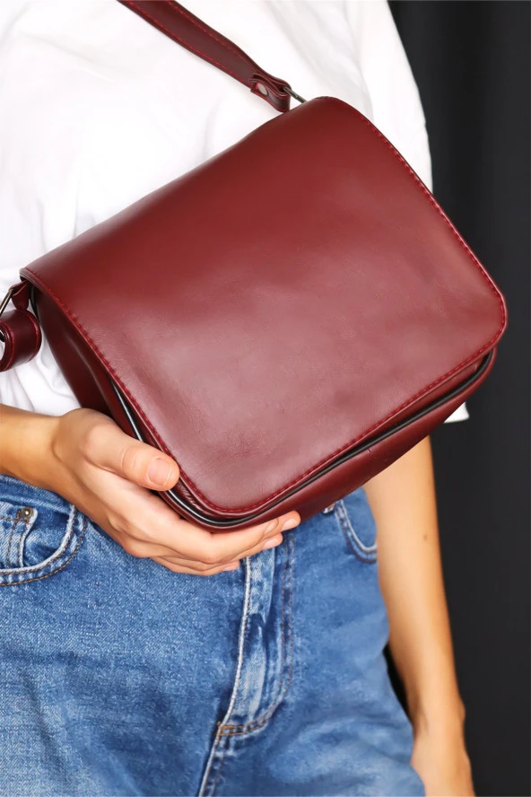 Kadın Kapaklı Fermuarlı Ayarlanabilir Askılı Deri Bordo El Kol Ve Omuz Çantası - 2