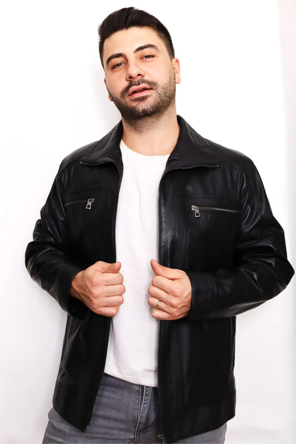 Erkek Siyah Fermuarlı Hakiki Deri Ceket - 5