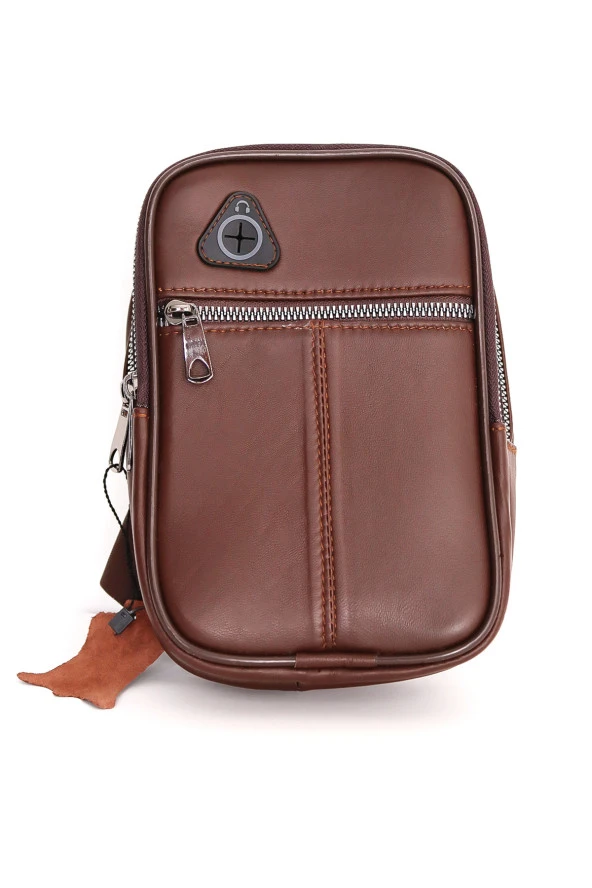 Erkek Kahverengi Kulaklık Çıkışlı Ayarlanabilir Askılı Deri Omuz Göğüs Ve Çapraz Çanta - 4