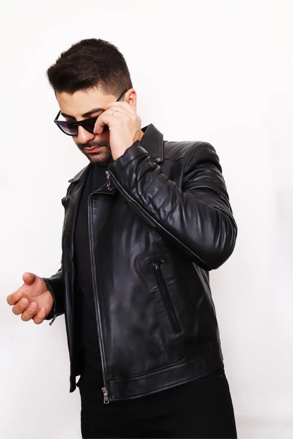Erkek Siyah Fermuarlı Hakiki Deri Ceket - 2