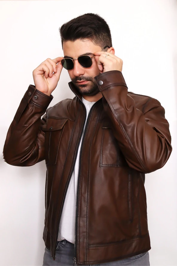 Erkek Kahverengi Fermuarlı Hakiki Deri Ceket - 3