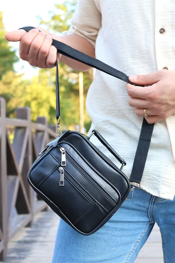 Erkek Ayarlanabilir Askılı Fermuarlı Kasalı Deri El Çantası Ve Omuz Çantası - 2