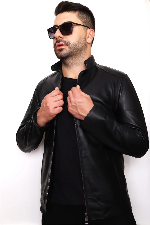 Erkek Siyah Fermuarlı Hakiki Deri Ceket - 3