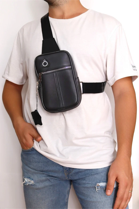 Erkek Siyah Kulaklık Çıkışlı Ayarlanabilir Askılı Deri Omuz Göğüs Ve Çapraz Çanta - 2