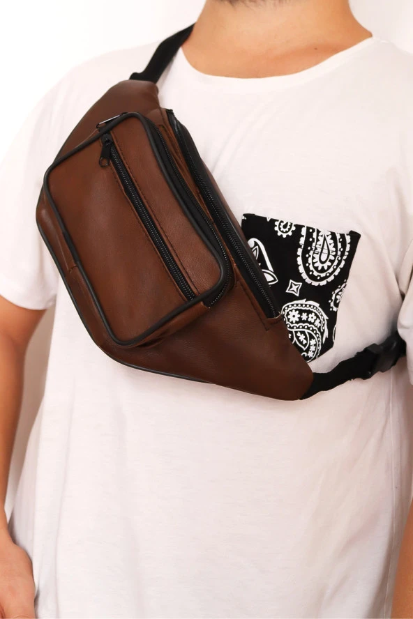 Unisex Ayarlanabilir Askılı Fermuarlı Kahverengi Deri Omuz Göğüs Ve Bel Çantası - 3