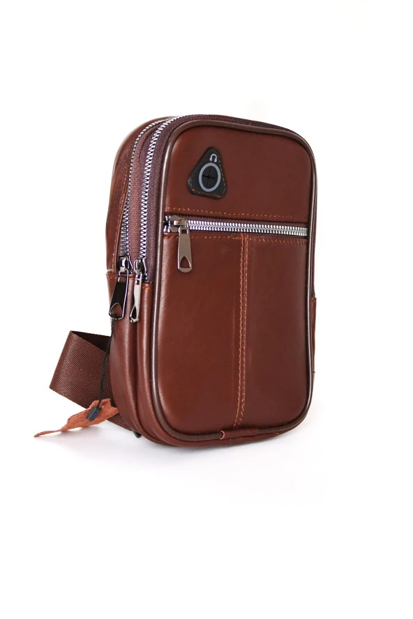 Erkek Kahverengi Kulaklık Çıkışlı Ayarlanabilir Askılı Deri Omuz Göğüs Ve Çapraz Çanta - 5