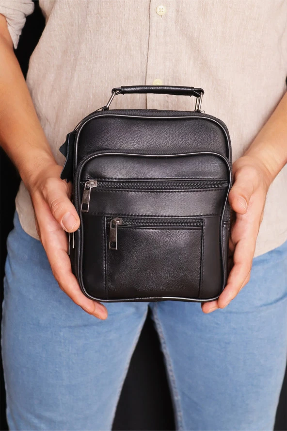 Erkek Siyah Ayarlanabilir Askılı Fermuarlı Kasalı Deri El Çantası Ve Omuz Çantası - 3