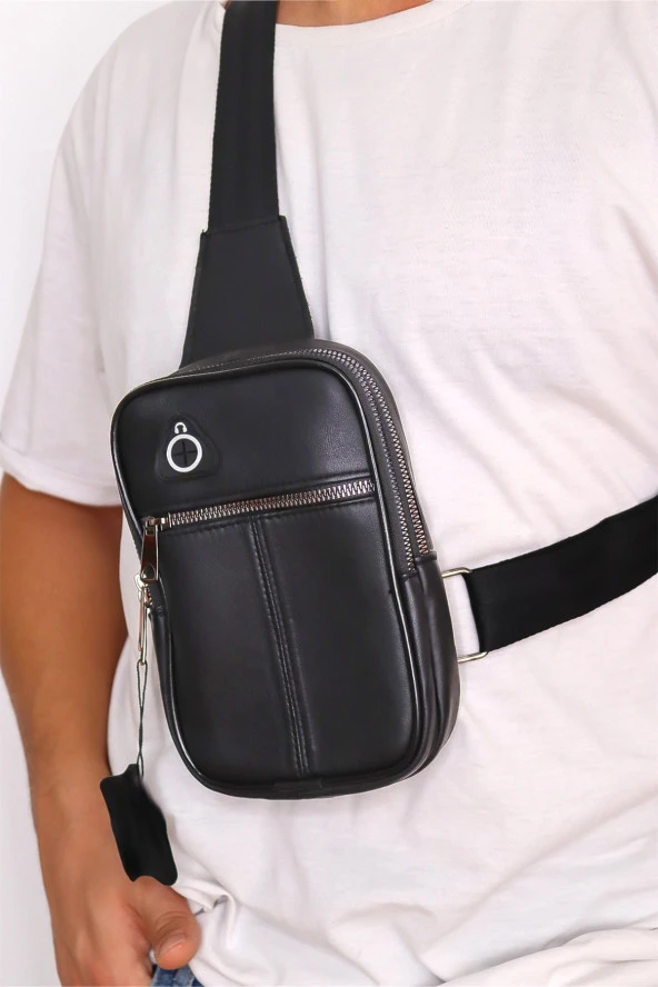 Erkek Siyah Kulaklık Çıkışlı Ayarlanabilir Askılı Deri Omuz Göğüs Ve Çapraz Çanta - 3