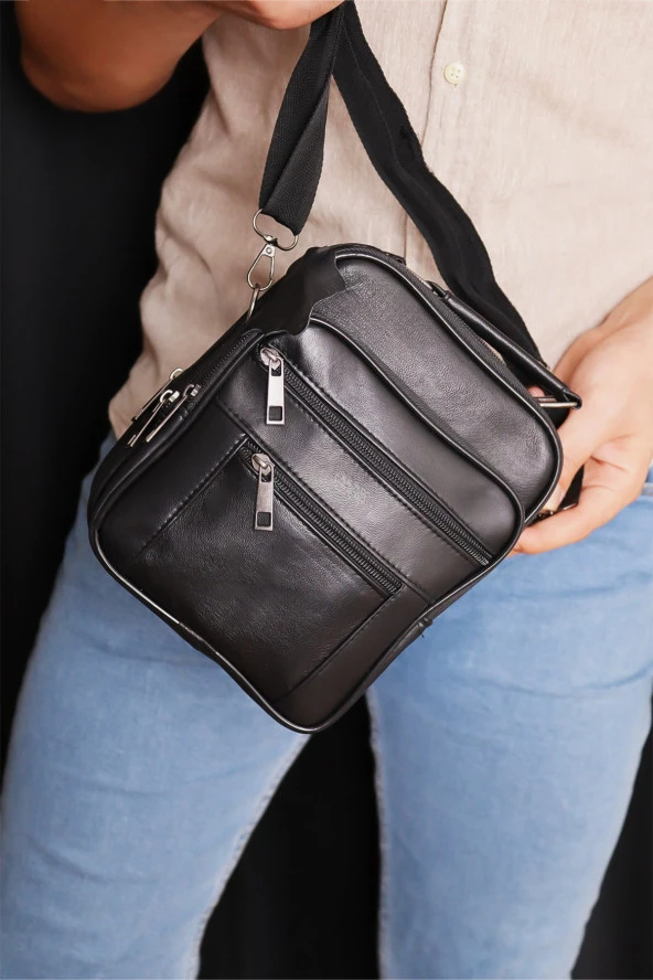 Erkek Siyah Ayarlanabilir Askılı Fermuarlı Kasalı Deri El Çantası Ve Omuz Çantası - 4