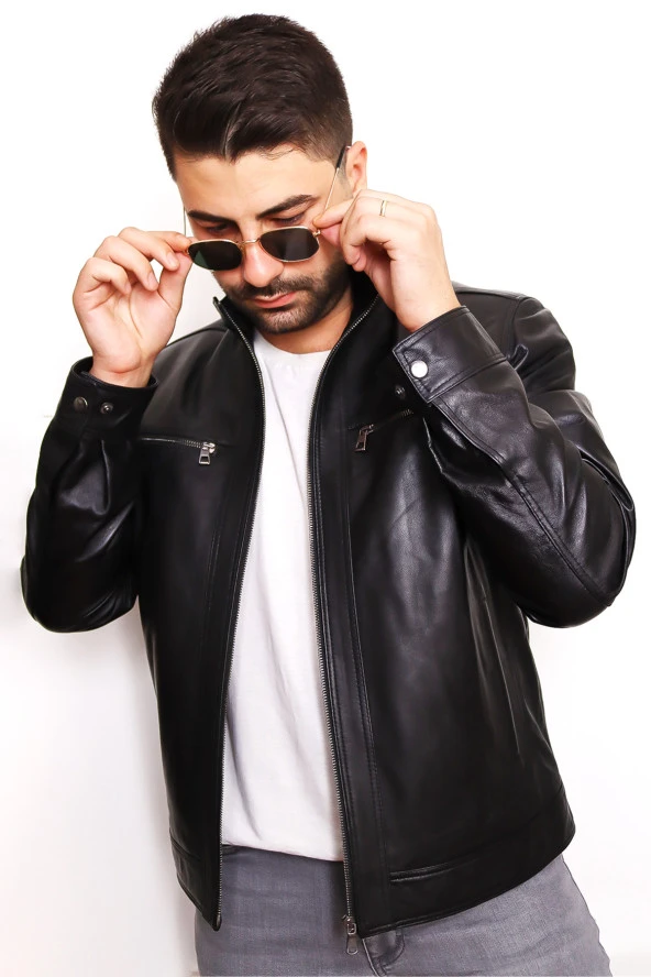 Erkek Siyah Fermuarlı Hakiki Deri Ceket - 2
