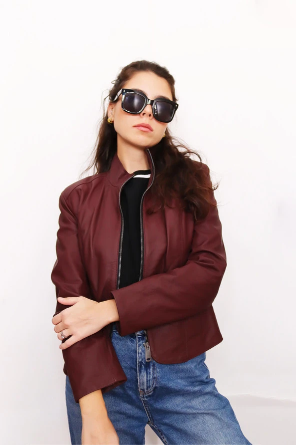 Kadın Bordo Fermuarlı Hakiki Deri Ceket - 5