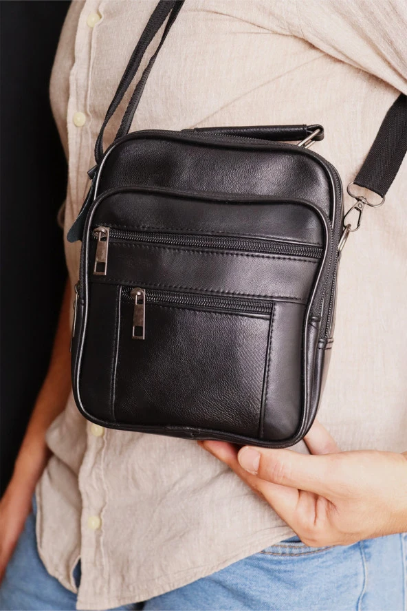 Erkek Siyah Ayarlanabilir Askılı Fermuarlı Kasalı Deri El Çantası Ve Omuz Çantası - 2