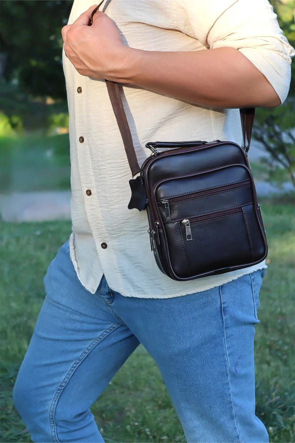 Erkek Kahverengi Ayarlanabilir Askılı Fermuarlı Kasalı Deri El Çantası Ve Omuz Çantası - 2