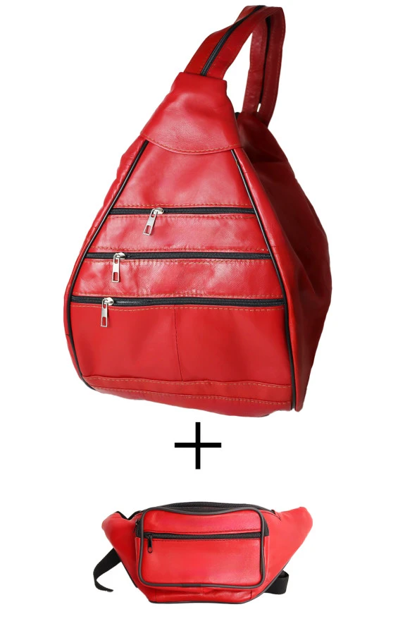 Kırmızı Hakiki Deri Sırt Çantası Ve Kırmızı Deri Bel Çantası Set
