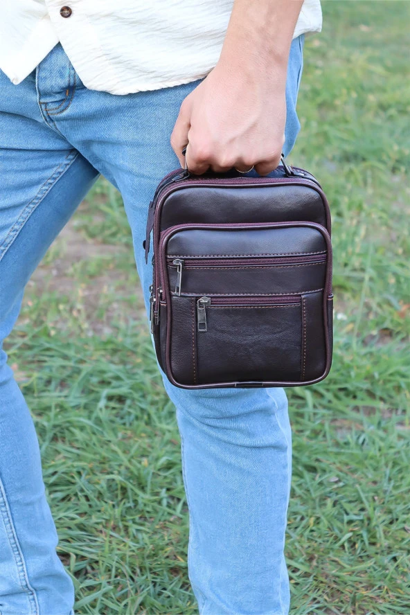 Erkek Kahverengi Ayarlanabilir Askılı Fermuarlı Kasalı Deri El Çantası Ve Omuz Çantası - 4