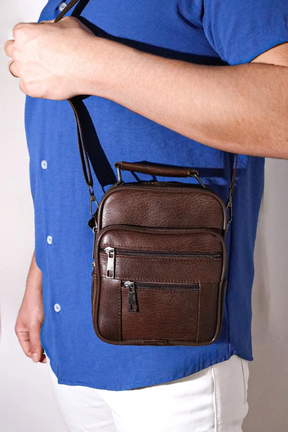 Erkek Ayarlanabilir Askılı Kahverengi Fermuarlı Kasalı Deri El Çantası ve Omuz Çantası - 2