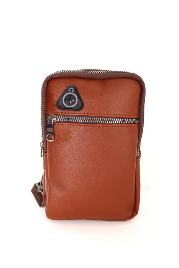 Erkek Kahverengi Kulaklık Çıkışlı Ayarlanabilir Askılı Vegan Deri Omuz Göğüs ve Çapraz Çanta - 4