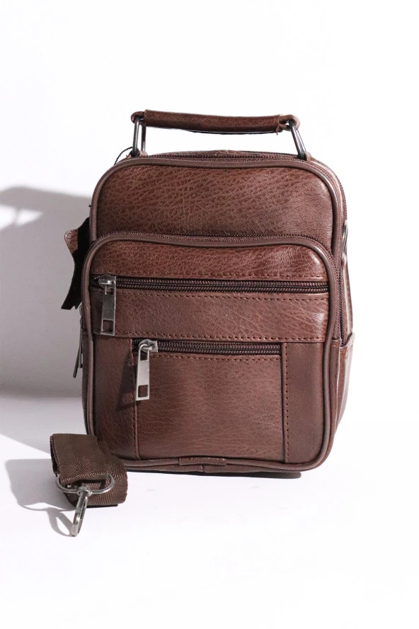 Erkek Ayarlanabilir Askılı Kahverengi Fermuarlı Kasalı Deri El Çantası ve Omuz Çantası - 5