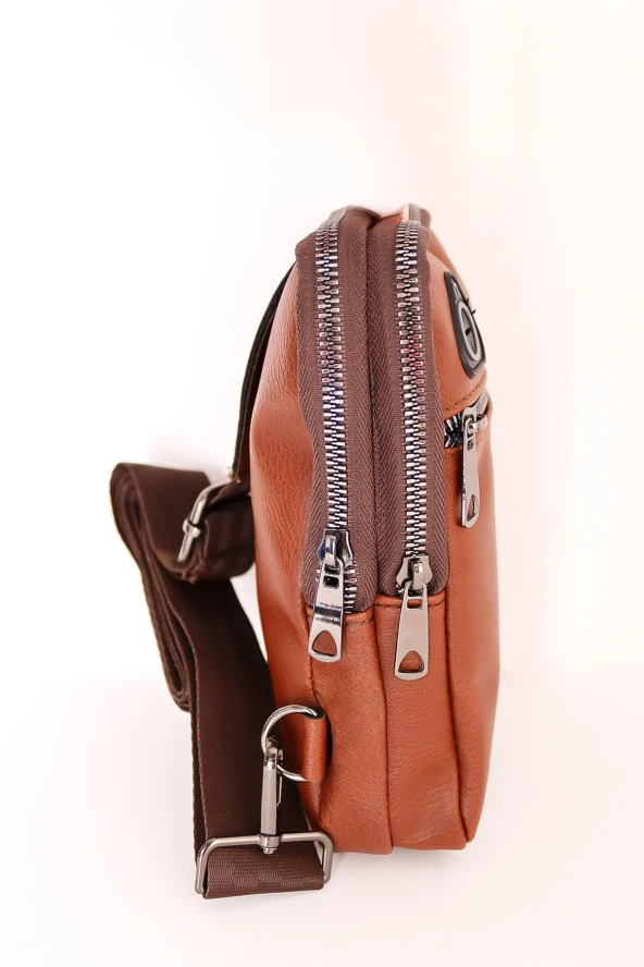 Erkek Kahverengi Kulaklık Çıkışlı Ayarlanabilir Askılı Vegan Deri Omuz Göğüs ve Çapraz Çanta - 5
