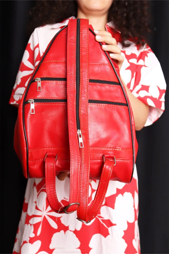 Kadın Kırmızı Ayarlanabilir Askılı Deri Sırt Çantası Omuz Çantası Kol Çantası Postacı Çanta - 4