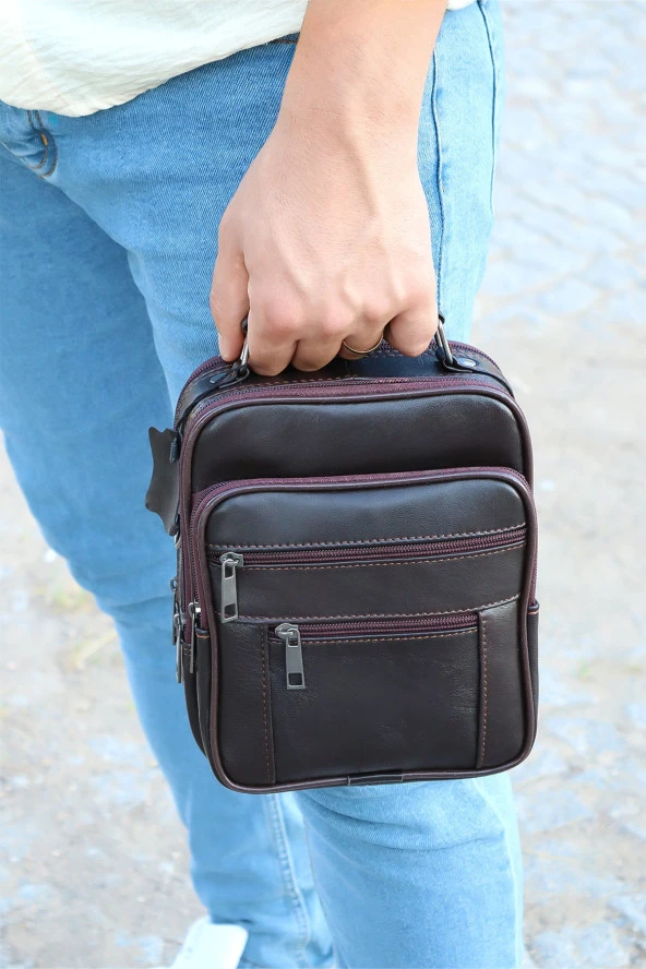 Erkek Kahverengi Ayarlanabilir Askılı Fermuarlı Kasalı Deri El Çantası Ve Omuz Çantası - 3