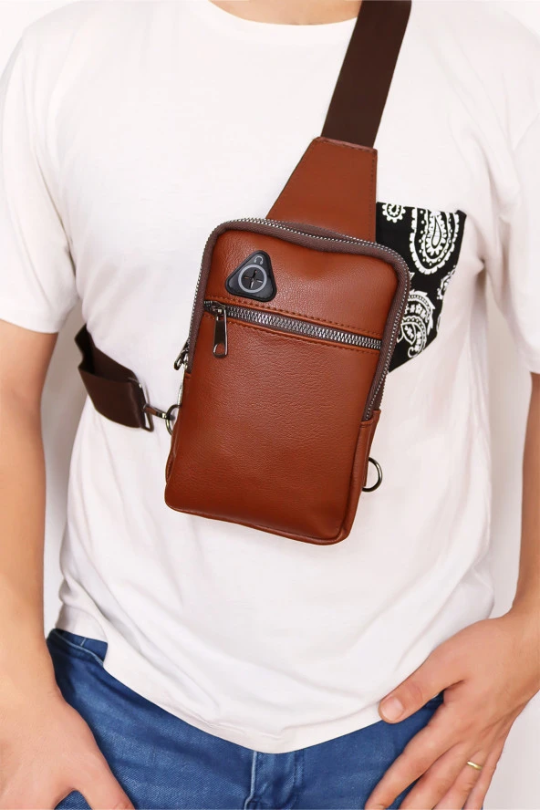 Erkek Kahverengi Kulaklık Çıkışlı Ayarlanabilir Askılı Vegan Deri Omuz Göğüs ve Çapraz Çanta - 2