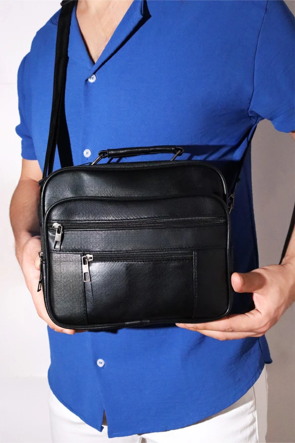 Siyah Deri Büyük Boy Kasalı El Çantası Omuz Çantası Ve Bel Çantası Set - 3