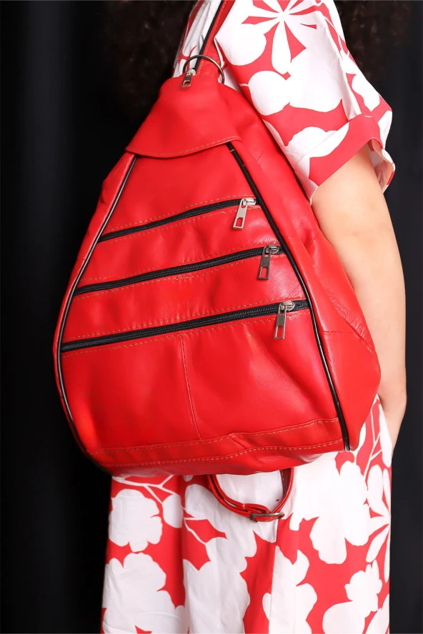 Kadın Kırmızı Ayarlanabilir Askılı Deri Sırt Çantası Omuz Çantası Kol Çantası Postacı Çanta - 2