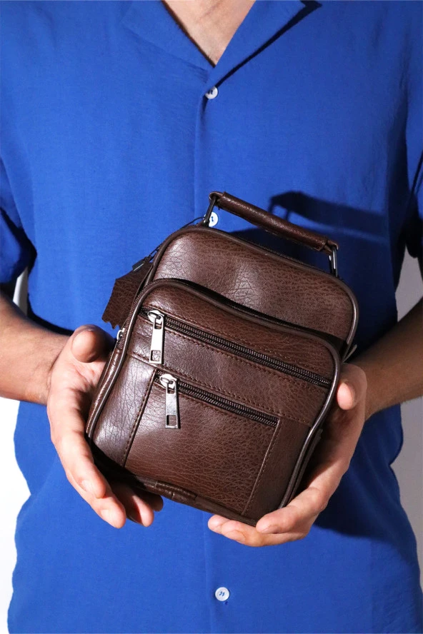 Erkek Ayarlanabilir Askılı Kahverengi Fermuarlı Kasalı Deri El Çantası ve Omuz Çantası - 3
