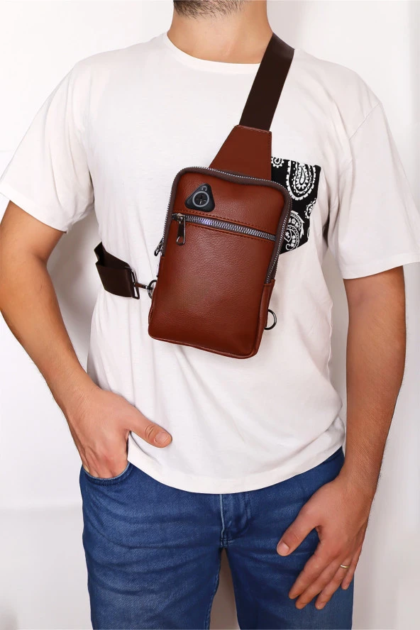 Erkek Kahverengi Kulaklık Çıkışlı Ayarlanabilir Askılı Vegan Deri Omuz Göğüs ve Çapraz Çanta - 3