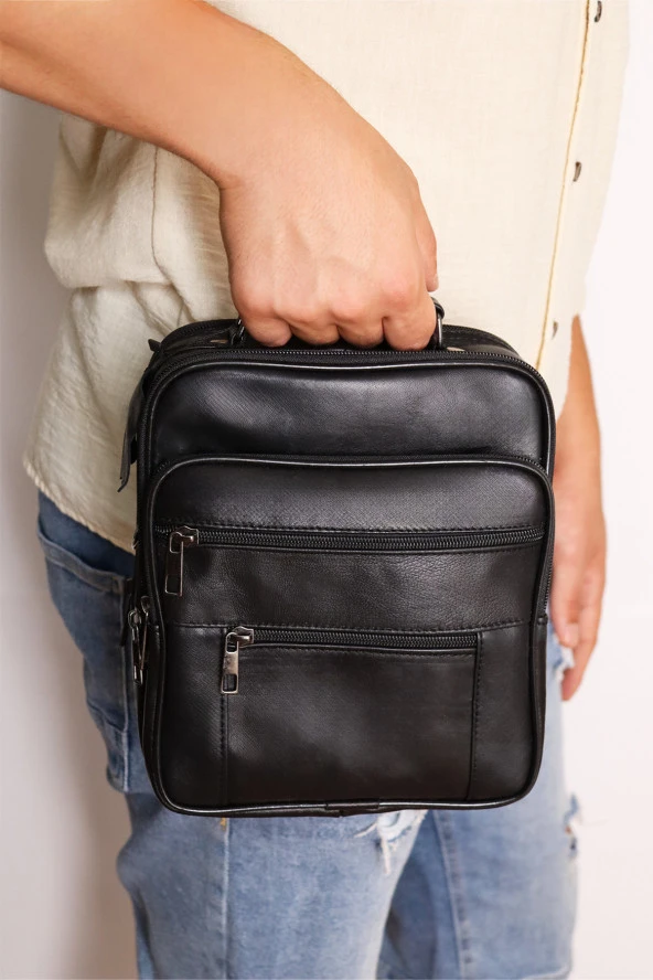 Siyah Deri Büyük Boy Kasalı El Çantası Omuz Çantası Ve Bel Çantası Set - 4