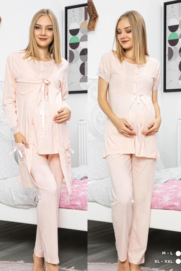 Pudra Renk Sabahlıklı Lohusa Pijama Takımı Polat Yıldız 50111 3lü Sabahlıklı Hamile Pijaması