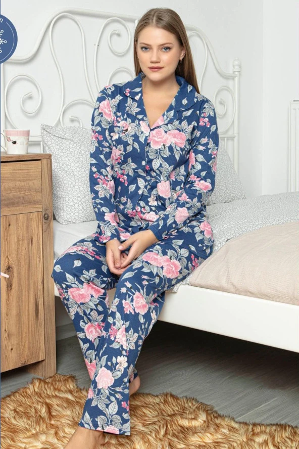 Polat Yıldız 70102 İnterlok Kumaş 2li Bayan Pijaması -Gül Desenli Önden Düğmeli Bayan Pijama Takımı