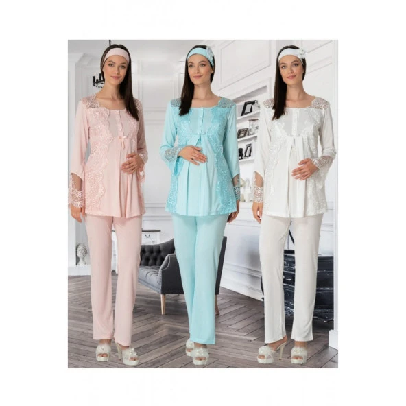 Bayan Mavi Renk 3lü Lohusa Pijama Takımı - Mecit 5015 Üçlü Lohusa Pijama Takımı