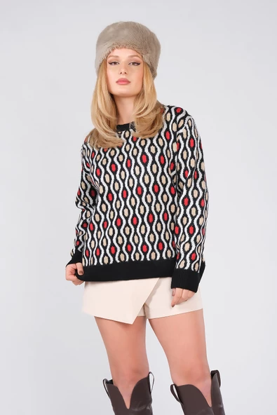 Kadın Oversize Desenli Triko Kazak Siyah - 5