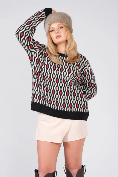 Kadın Oversize Desenli Triko Kazak Siyah - 2