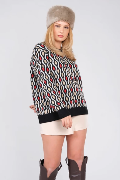 Kadın Oversize Desenli Triko Kazak Siyah - 4