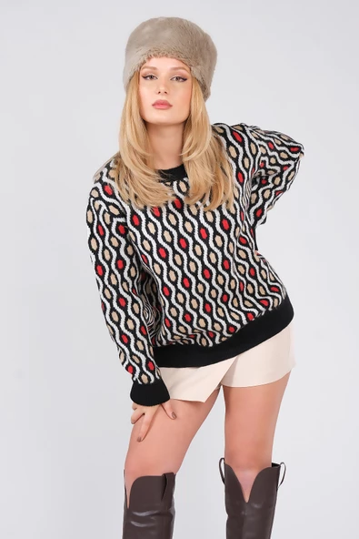 Kadın Oversize Desenli Triko Kazak Siyah - 3