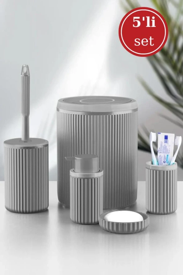 Flora 5 Parça Banyo Seti (Çöp Kovası 6 lt, WC Fırça, Sıvı Sabunluk, Katı Sabunluk, Diş Fırçalık) Gri