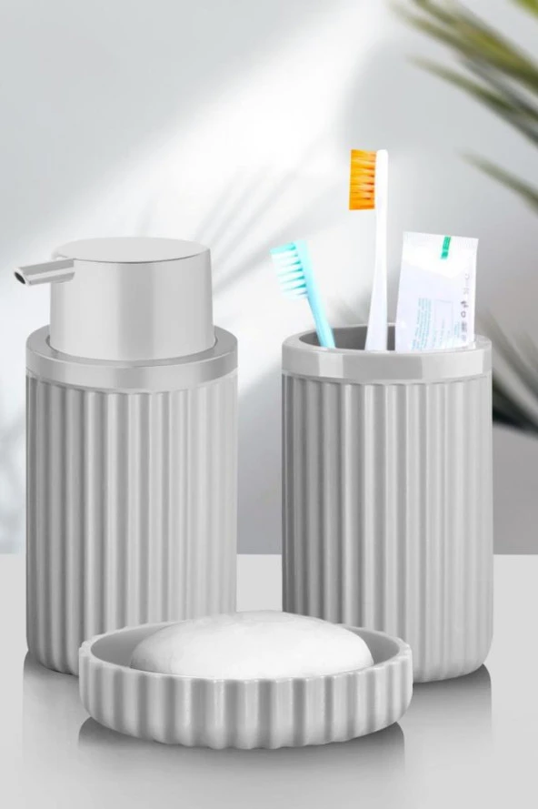 Flora 5 Parça Banyo Seti (Çöp Kovası 6 lt, WC Fırça, Sıvı Sabunluk, Katı Sabunluk, Diş Fırçalık) Gri - Resim 4