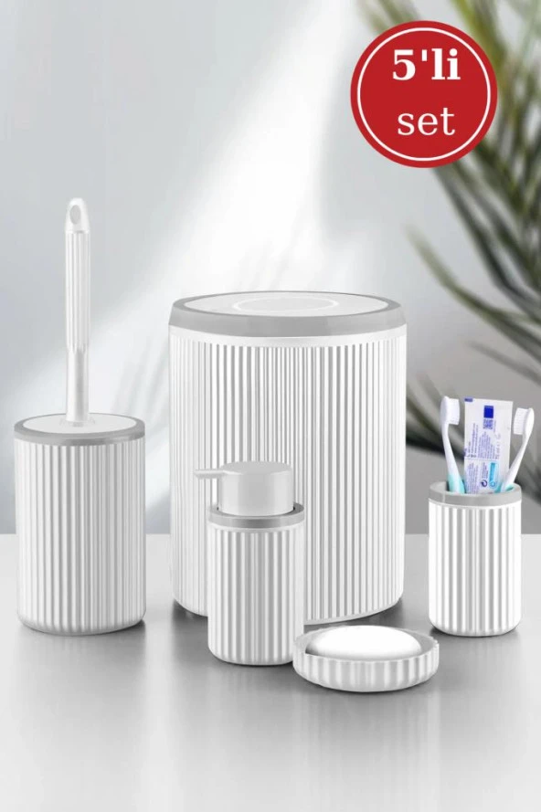 Flora 5 Parça Banyo Seti (Çöp Kovası 6 lt, WC Fırça, Sıvı Sabunluk, Katı Sabunluk, Diş Fırçalık) Beyaz