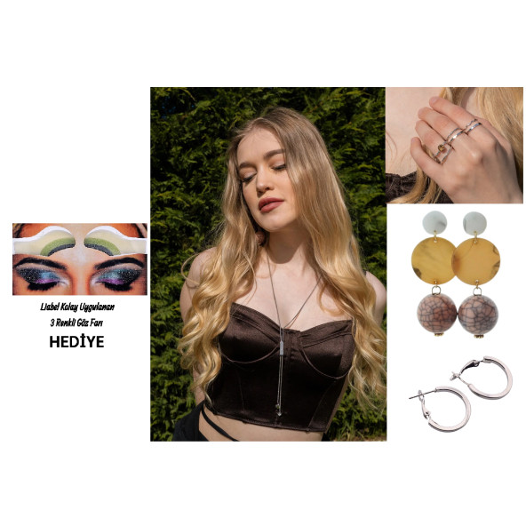 Gümüş Renk Takı Set4 (Parlak Taşlı Kolye 42cm,6'lı Yüzük Set,Yassı 20mm Halka Küpe,Desenli Top Küpe)