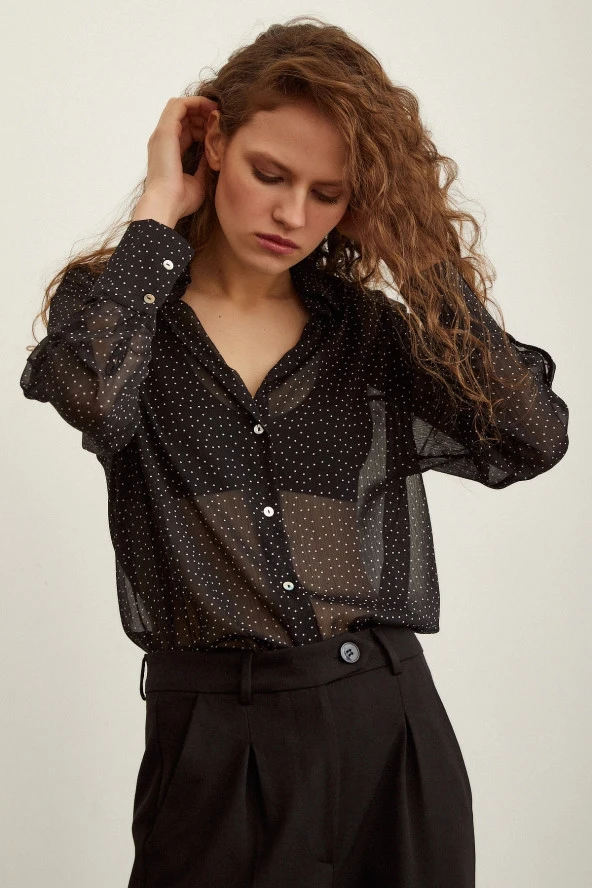 Puantiyeli Saten Gömlek Siyah ürün görseli