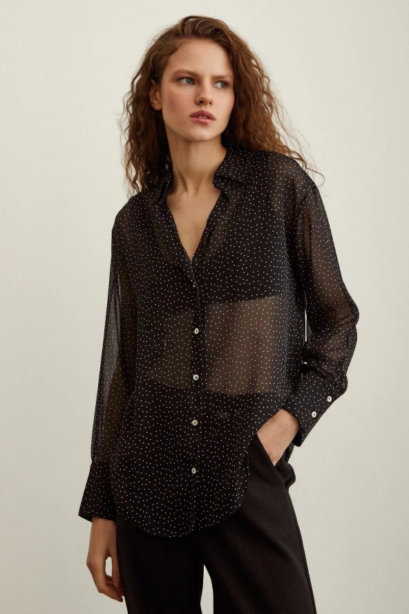 Puantiyeli Saten Gömlek Siyah - Resim 2