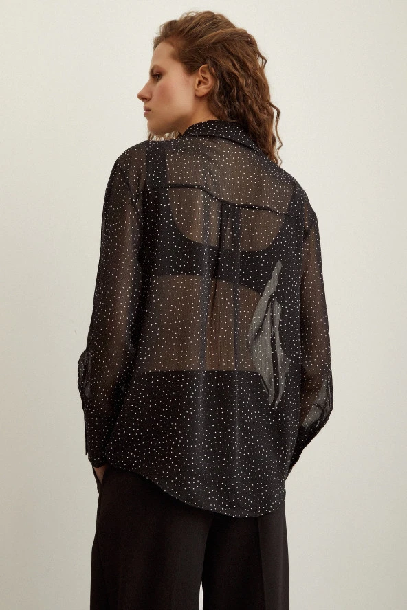 Puantiyeli Saten Gömlek Siyah - Resim 4